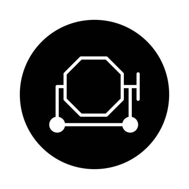 Beton karıştırma ve inşa işlemleri için kullanılan inşaat ekipmanlarını temsil eden çimento karıştırma ikonunun minimalist siyah beyaz çizimi.