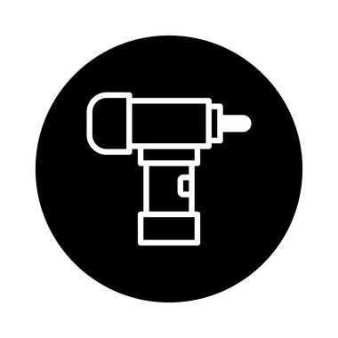 Simgeler, logolar veya temalı tasarımlar için mükemmel, siyah bir çember içinde merkezli, beyaz ana hatlı matkabın minimalist bir vektör çizimi..