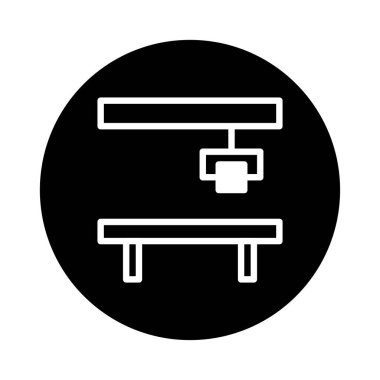 Bu resim otomatikleştirilmiş bir üretim hattının minimalist ve sembolik bir tasvirini sunar. Modern endüstriyi ve teknolojik gelişimi temsil eden mekanik bir kol gösterilir..