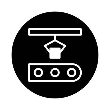 İllüstrasyonda, üretim ve teknoloji odaklı süreçlerde otomasyon ve verimliliği temsil eden, taşıyıcı bandın üzerine bir kutu yerleştiren bir robotik kol tasvir ediliyor..