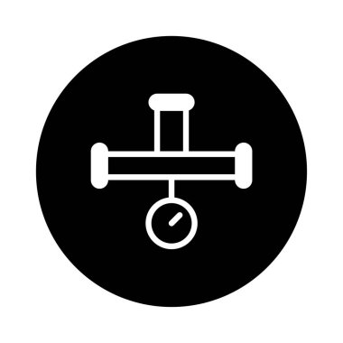 Minimalist bir illüstrasyonda, siyah bir daireye karşı kurulmuş bir boru hattı sistemi sergileniyor. Endüstriyel süreç ve ölçümleri iletir.