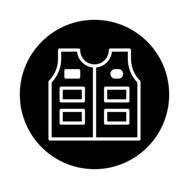 Balıkçı yeleği tasvir eden minimalist bir vektör ikonu, işlevsellik ve güvenlik gerektiren açık hava aktiviteleri ve meslekler için ideal. Yelek öne çıkan ceplere sahiptir..