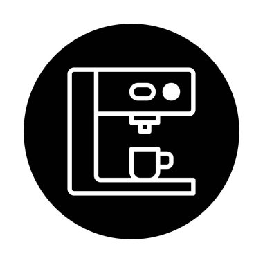 Siyah bir çemberde minimalist bir kahve makinesi ikonu. Bu temiz ve modern tasarım kahve, kafe ve içecekleri temsil etmek için mükemmeldir..
