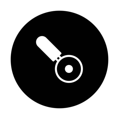 Bir minimalist monokrom grafiğinde bir daire içinde pizza kesicisi bulunur, mutfak temalı tasarımlar için idealdir. Logolar, simgeler veya çizimler için uygundur..