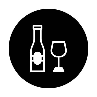 Şarap şişesi ve cam içeren minimalist bir ikon. Görüntü siyah-beyaz, temiz ve basit bir tasarımı var..