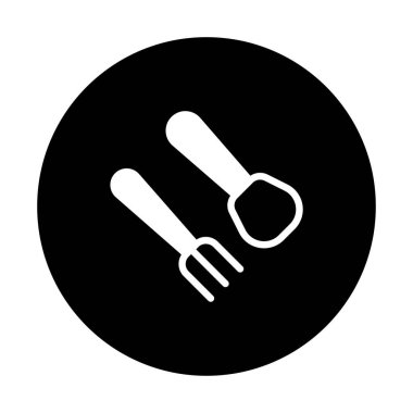 Siyah bir arka planda beyaz çatal ve kaşığın sergilendiği minimalist bir illüstrasyon. Mutfak ya da restoran temalı tasarımlar için ideal.