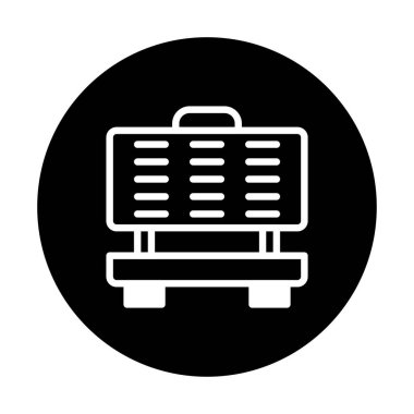 Beyazlı bir waffle makinesinin minimalist bir çizimi, siyah bir arka plan karşısında, cihazın veya mutfak tasarımının gösterimi için mükemmel..