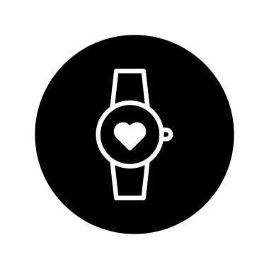 Kalp sembolü sergileyen, modern bir yaşam tarzı için giyilebilir teknoloji vasıtasıyla takip edilebilen sağlık ve uygunluğu temsil eden, akıllı bir saatin minimalist bir simgesi..