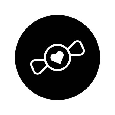 Siyah bir çemberin içinde kalbi olan beyaz bir şekerin yer aldığı minimalist bir ikon, tatlılığı ve aşkı temsil ediyor..