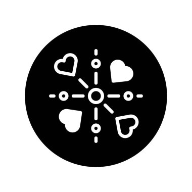 Kalp ve bağlantı ikonuna sahip siyah bir arkaplan. Sevgi, sevgi ve ilişkileri sembolize ediyor. Sevgililer Günü temalı tasarımlar için uygun olan bağlantı ve romantizmin özünü yakalar..