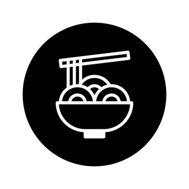 Temiz, minimalist bir vektör grafiği yemek çubuklarıyla bir kase erişteyi tasvir ediyor, sağlam bir siyah zemin çemberine karşı kurulmuş. Asya mutfağının basit bir gösterimi.