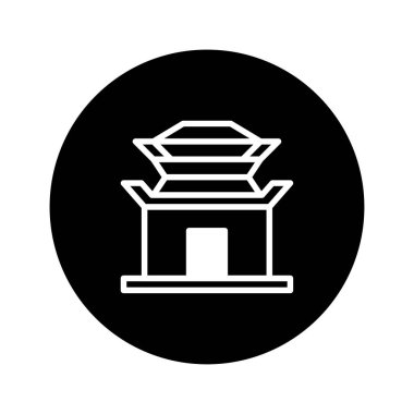 Siyah arka planda izole edilmiş geleneksel bir Asya tapınağının minimalist bir simgesi. Mimari, kültürel miras ve dini temsil eder..