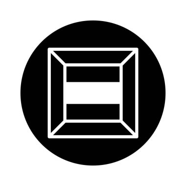 Minimalist geometrik bir amblem, içinde düz siyah dairesel bir zemin üzerine kurulu yatay çizgili beyaz kare bir çerçeve içerir. Modern logo tasarımı için ideal.