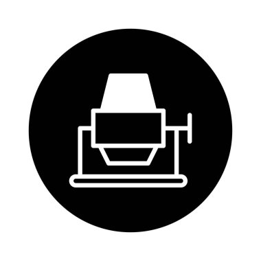 Siyah bir çember içinde beton karıştırıcının minimalist bir çizimi, tasarım projelerinde inşaat veya endüstriyel temaları temsil etmek için ideal.