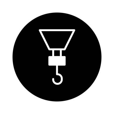 Bir vinç kancasının minimalist bir çizimi. Siyah bir daireye karşı beyaz bir taslak olarak sunuluyor. Sanayi, inşaat veya taşımacılıkla ilgili simgeler veya tasarımlar için ideal.