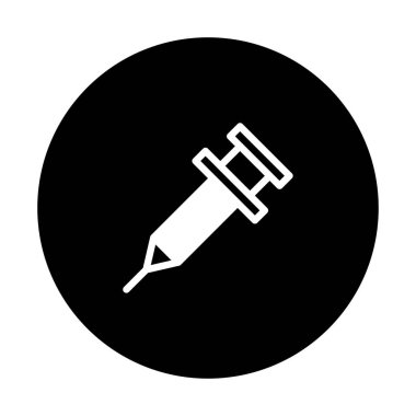 Tarzlı bir siyah daire çizimi, aşı ve tıbbi tedaviyi sembolize eden beyaz bir şırınga içerir. Sağlık, önleme ve hastalıklara karşı mücadeleyi temsil ediyor.