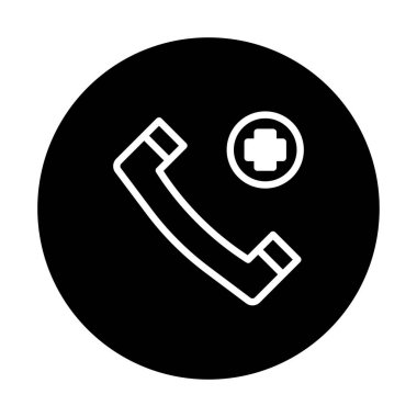 Çapraz sembollü bir telefon alıcısı ikonu içeren siyah-beyaz bir illüstrasyon, bir telefon aracılığıyla acil tıbbi yardımı temsil ediyor..
