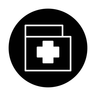 Siyah bir çember içinde sergilenen bir tıbbi kitin temiz, minimalist bir simgesi, sağlık hizmetleri ve ilk yardım hizmetlerinin net bir görsel temsilini sunar..