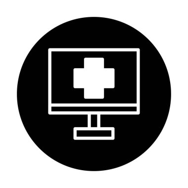 Bu resim, sağlık hizmetleri ve dijital sağlık hizmetleri için ideal olan çevrimiçi sağlık hizmetlerini sembolize eden bir tıbbi sembolü bilgisayar ekranında göstermektedir..