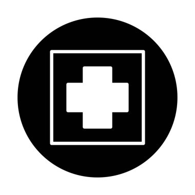 Sağlık hizmetleri ve acil servisleri temsil eden bir çemberin içindeki tıbbi haç sembolünün minimalist siyah beyaz görüntüsü..