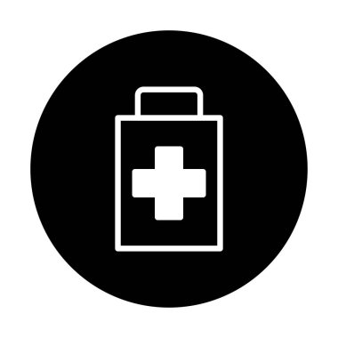 Sağlık ve tıbbi tedaviyi temsil eden sağlık hizmetleriyle ilgili tasarım ve semboller için mükemmel siyah bir çemberde tıbbi malzeme sembolünün basit bir gösterimi. Acil durum, bakım ve acil yardım anlamına gelir.