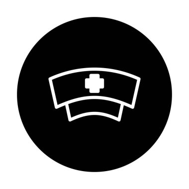 Siyah bir çembere karşı beyaz haçlı hemşire şapkası takan basit bir ikon. Sağlık hizmetlerini, tıp mesleklerini ve bakım hizmetlerini temsil eder..