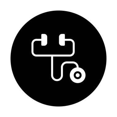 Steteskopun siyah ve beyaz vektör çizimi, iç sesleri dinlemek, sağlık ve tıbbı sembolize etmek için kullanılan tıbbi bir alet..