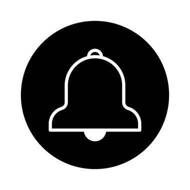 Siyah dairesel arkaplan merkezli beyaz bir çan simgesini içeren minimalist bir tasarım, uyarıları ve uyarıları sembolize eder.