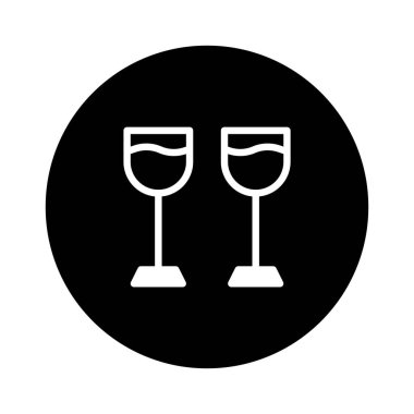 Bu, iki beyaz şarap kadehinin yer aldığı basit bir minimalist illüstrasyon. Tasarım temiz ve moderndir, simgeler veya tasarım için mükemmel zıt bir siyah çember arka planına karşıdır..
