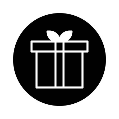 Beyaz hatlı minimalist bir hediye kutusu simgesi. Saf siyah çember arkaplan üzerine kurulmuş. Bayram veya olay tasarımları için mükemmel..