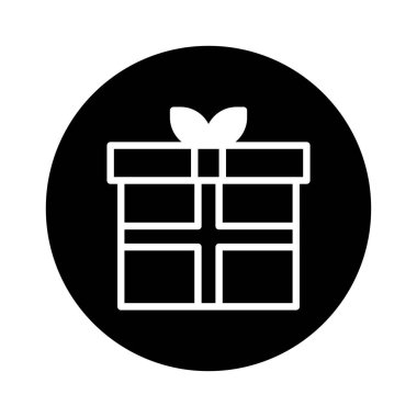Siyah daire arka planında basit bir hediye simgesi. Minimalist bir hediye tasarımı. Çeşitli grafik ve web tasarım projeleri için uygundur.