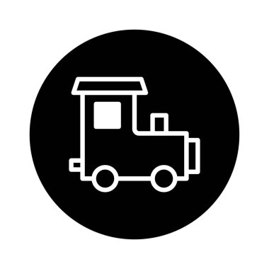 Siyah arkaplanda gösterilen basit, stilize bir tren simgesi. Bu minimalist illüstrasyon ulaşım, çocukluk ve yolculuk kavramını temsil eder..