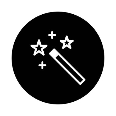 Parlayan yıldız ve haçlarla çevrili sihirli bir değnek tasvir eden minimalist bir ikon, fantezi ve büyüyü temsil eden siyah bir çembere karşı dizilmiş..