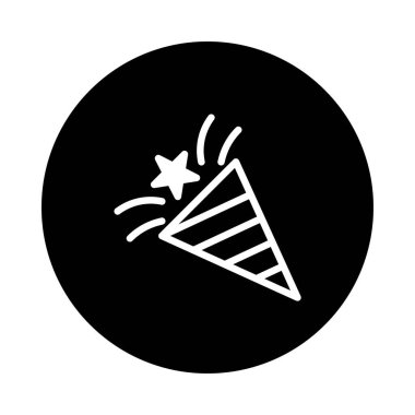 Bu minimalist ikon siyah arka planda, kutlama ve şenlik olaylarını sembolize eden beyaz bir parti popper 'ına sahip. Partilerle, tatillerle ve özel etkinliklerle ilgili grafik tasarımlar için ideal.