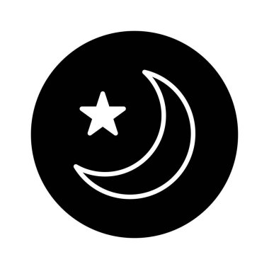Minimalist bir vektör illüstrasyonunda hilal ve yıldız görülür. İslami kültürü sembolize eden tasarım, ramazan veya herhangi bir gece konsepti için uygundur..