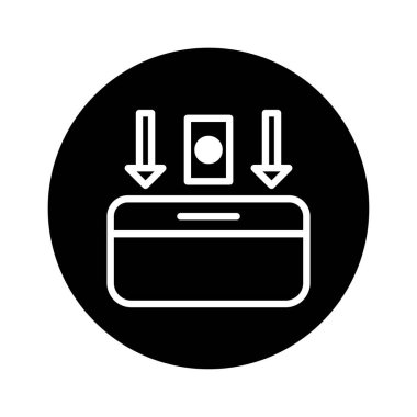Bir ödeme terminaline eklenen bir kredi kartı tasvir eden minimalist siyah beyaz simge, mali işlemleri ve elektronik ödemeleri sembolize ediyor.