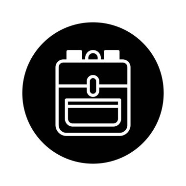 Sırt çantasının minimalist bir simge tasarımı, siyah dairesel arka planda beyaz çizgilerle çizilmiş. Eğitim veya seyahat temalı projeler için ideal.