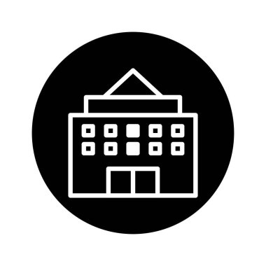 Siyah bir çemberle çevrili bir binanın minimalist simgesi. Basit taslak biçimi mimariyi veya kurumsal yapıyı tasvir eder.