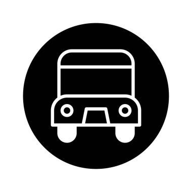 Siyah bir daire içinde basit bir otobüs anahatına sahip, ulaşımla ilgili tasarımlar için mükemmel, temiz ve modern bir siyah ve beyaz simge.