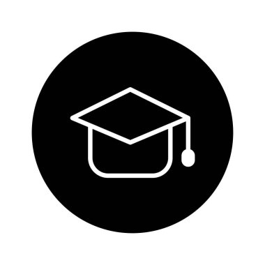 Siyah arkaplandaki mezuniyet şapkası simgesinin basit bir çizimi. Eğitimi, akademik başarıyı ve mezuniyet törenlerini temsil etmek.