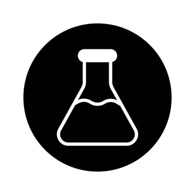 Minimalist bir illüstrasyon, siyah dairesel bir arka plan üzerine kurulmuş sıvı içeren bir laboratuvar şişesi gösteriyor. Bilimsel ve öğretici amaçlar için ideal.