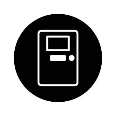 Siyah bir daire içinde belirlenmiş, bir kapının minimalist siyah beyaz simgesi. Erişimi, girişi veya fırsatı ve güvenliği temsil eden bir geçidi simgeliyor.