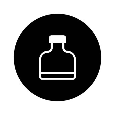 Siyah bir çemberin içindeki beyaz bir şişe taslağının minimalist bir temsili. Tasarım temiz ve modern olup, çeşitli sağlık hizmetleri veya ürün temaları için uygundur..
