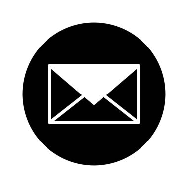 Bir e-posta simgesinin minimalist vektör çizimi. Tasarımda, katı siyah bir arkaplan, iletişim ve mesaj iletimi merkezli beyaz bir zarf sembolü yer alıyor..