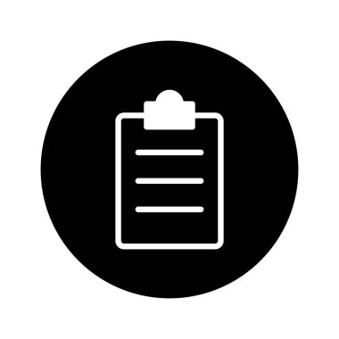 Liste çizgileri olan bir pano içeren minimalist siyah beyaz simge. Çeşitli uygulamalarda görevleri, planları veya belge yönetimi için ideal.
