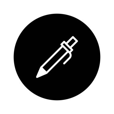 Siyah bir çemberin üzerindeki beyaz kalem simgesinin minimalist çizimi. Modern ve temiz görünümlü yazım, tasarım, eğitim veya ofis kavramları için mükemmel.