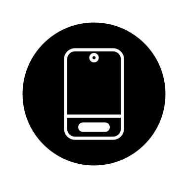 Bu akıllı telefonun minimalist bir çizimi, siyah-beyaz tasvir edilmiş, yuvarlak bir arka planda izole edilmiş, modern kullanıcı arayüzlerinde kullanmak için mükemmel..