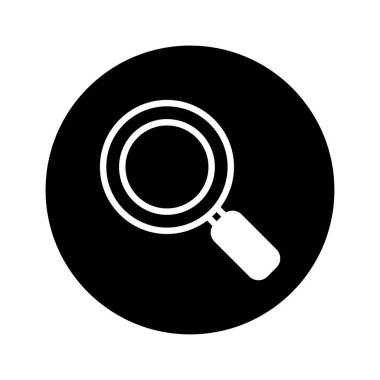 Siyah bir çemberin içinde beyaz bir büyüteç simgesi, aramayı, analizi, araştırmayı ve bir şey bulma eylemini simgeliyor..
