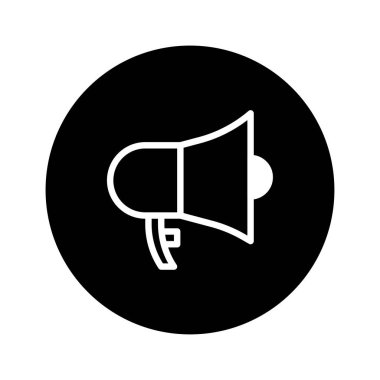 Bir megafon simgesinin minimalist vektör görüntüsü siyah dairesel bir arkaplan karşısında, iletişimi ve duyuruları etkili bir şekilde temsil eder..