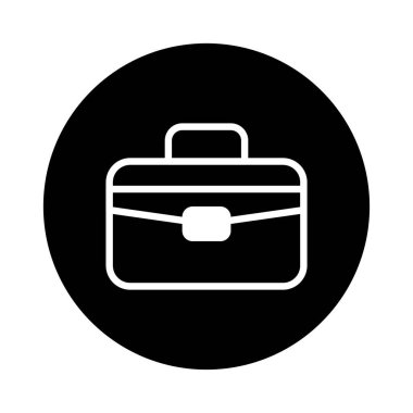 Bir minimalist beyaz çizgi çizimi siyah bir çemberin içinde iş, kariyer ve profesyonel kavramları temsil eden bir evrak çantası simgesi gösterir..